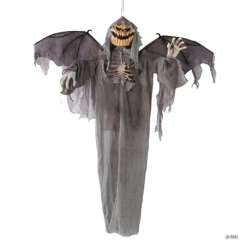 5 Ft. Animated Hanging Jack-O'-Lantern Skeleton Scarecrow with Wings Halloween Decoration