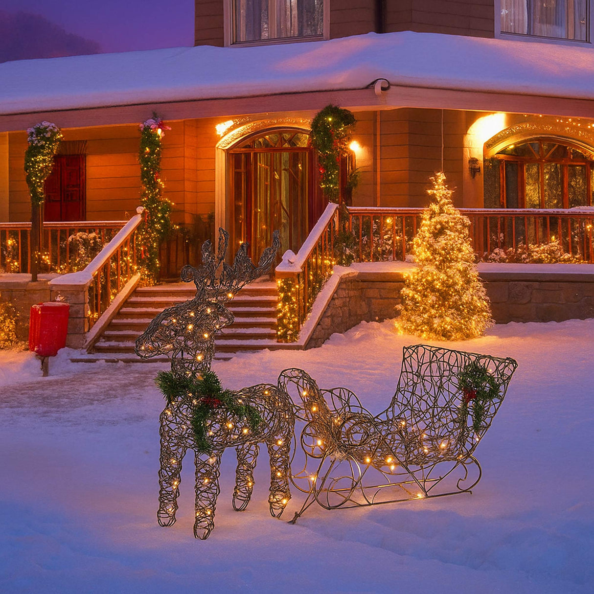 Coffee-Colored Lighted Reindeer with Sleigh Outdoor Christmas Yard Decoration