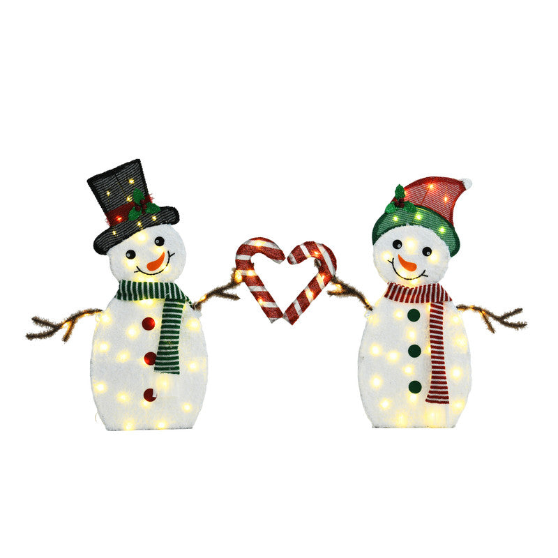 Set of 2 Heart Shaped Snowmen with Warm LED Lights Indoor Outdoor Christmas Decoration