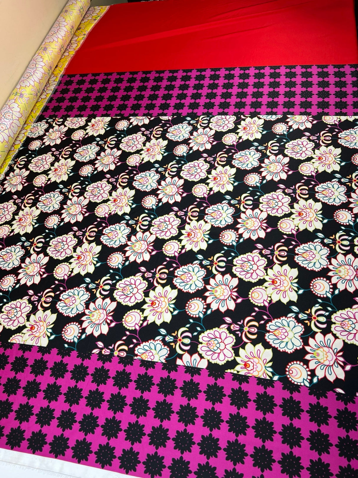 Polyester Sateen Printed Black Purple Floral