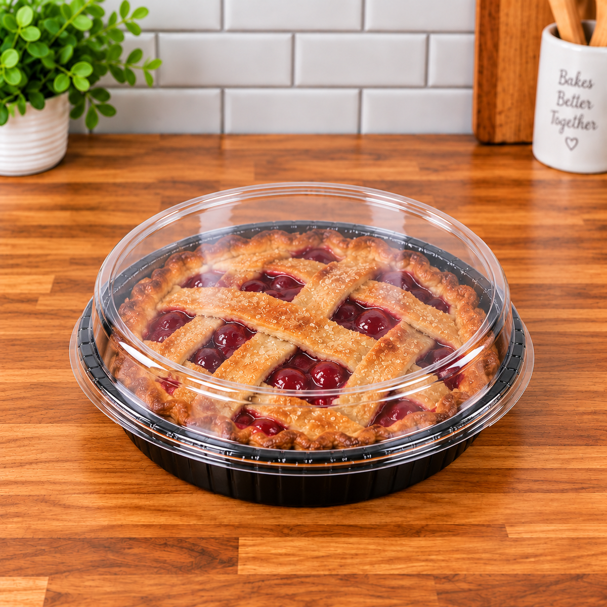 Bake, Take, and Show 6 5/8" round Black Oven-Safe Cookie, pie, rolls, bread Takeout Tray with Clear Lid