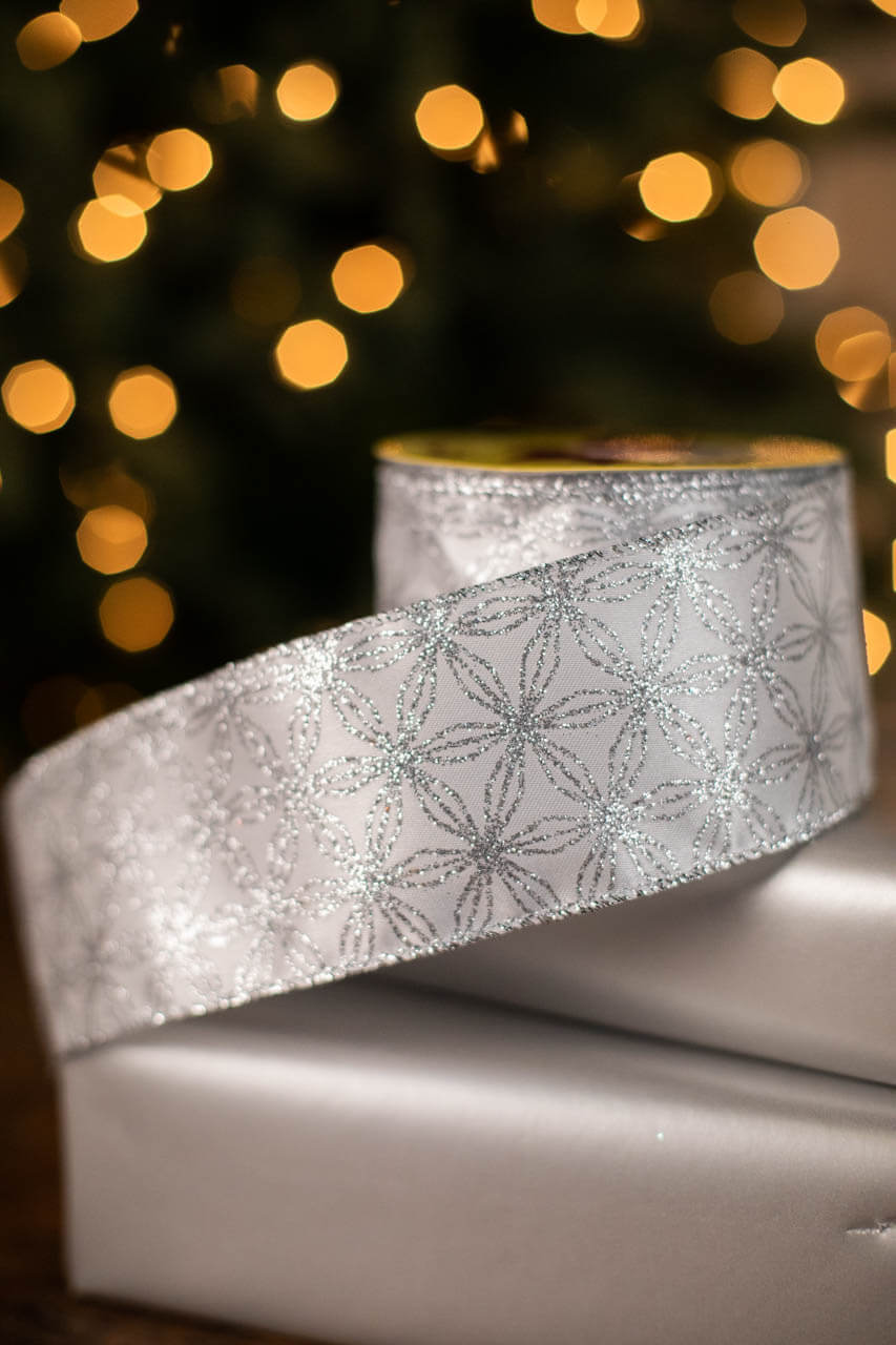 2.5" x 10 Yard Silver Snowflakes on White Ribbon