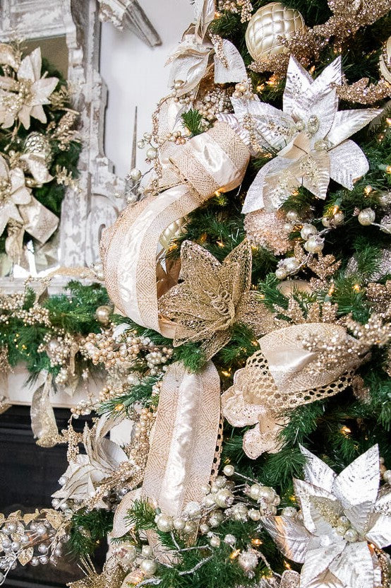 24” x 12" Champagne Glitter Sequin Mesh Poinsettia Stem