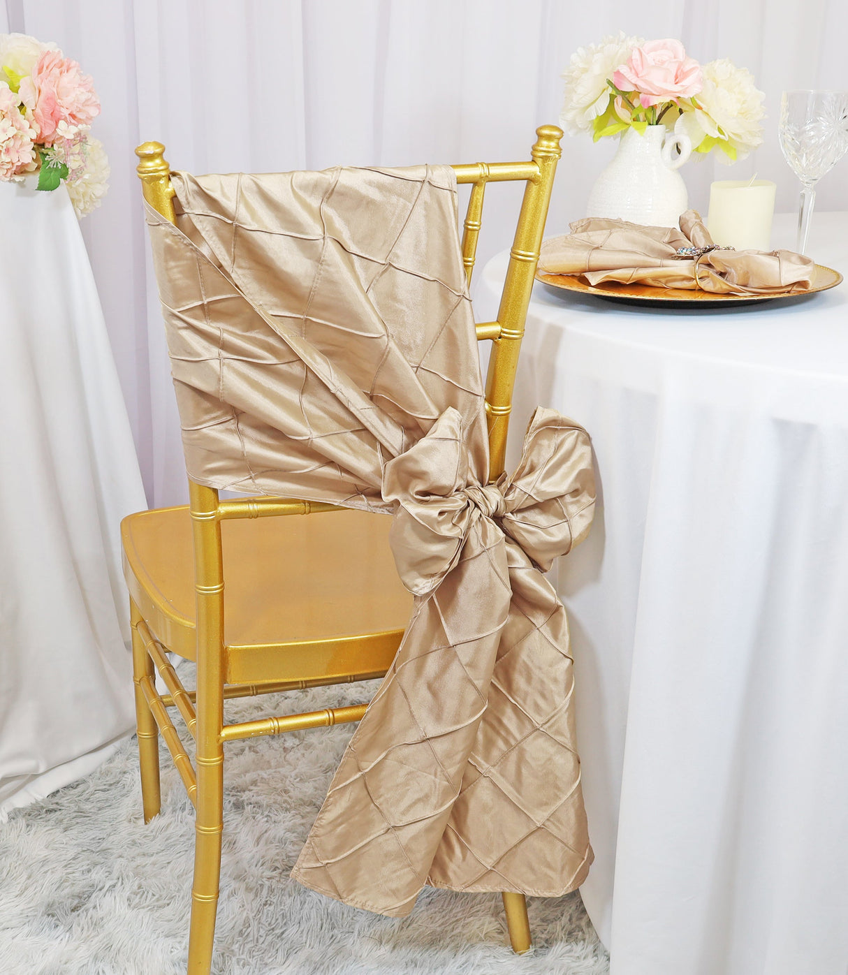 Pintuck Taffeta Chair Sashes Champagne 9.5x108