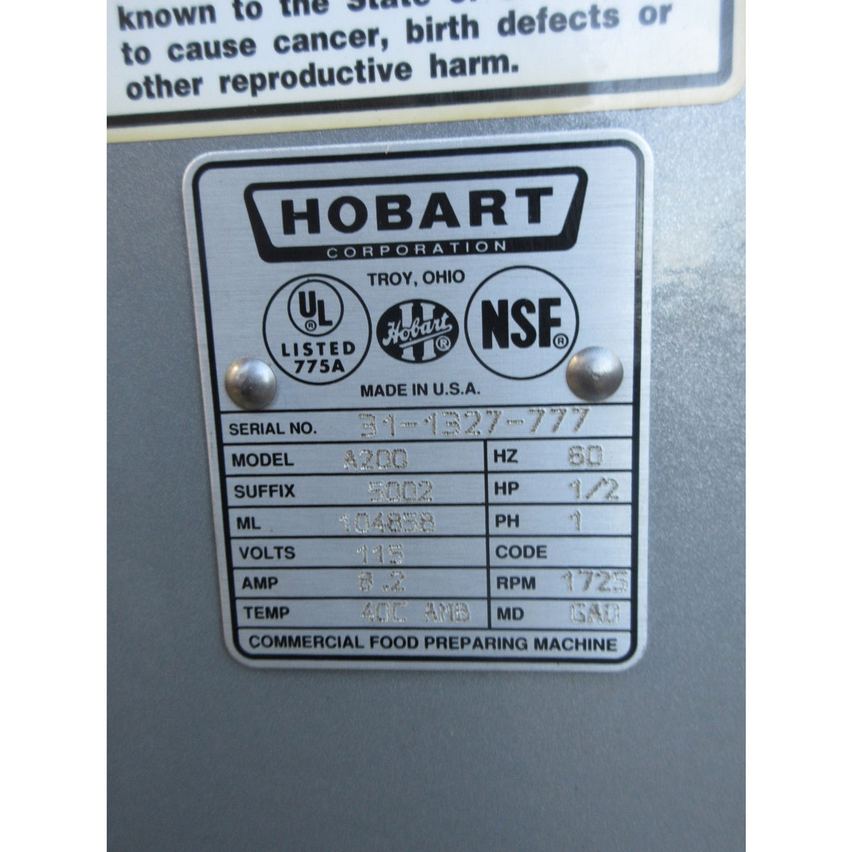 Hobart A200 Mixer 20 Qt, Bowl And 2 Attachments Included, Used Excellent Condition