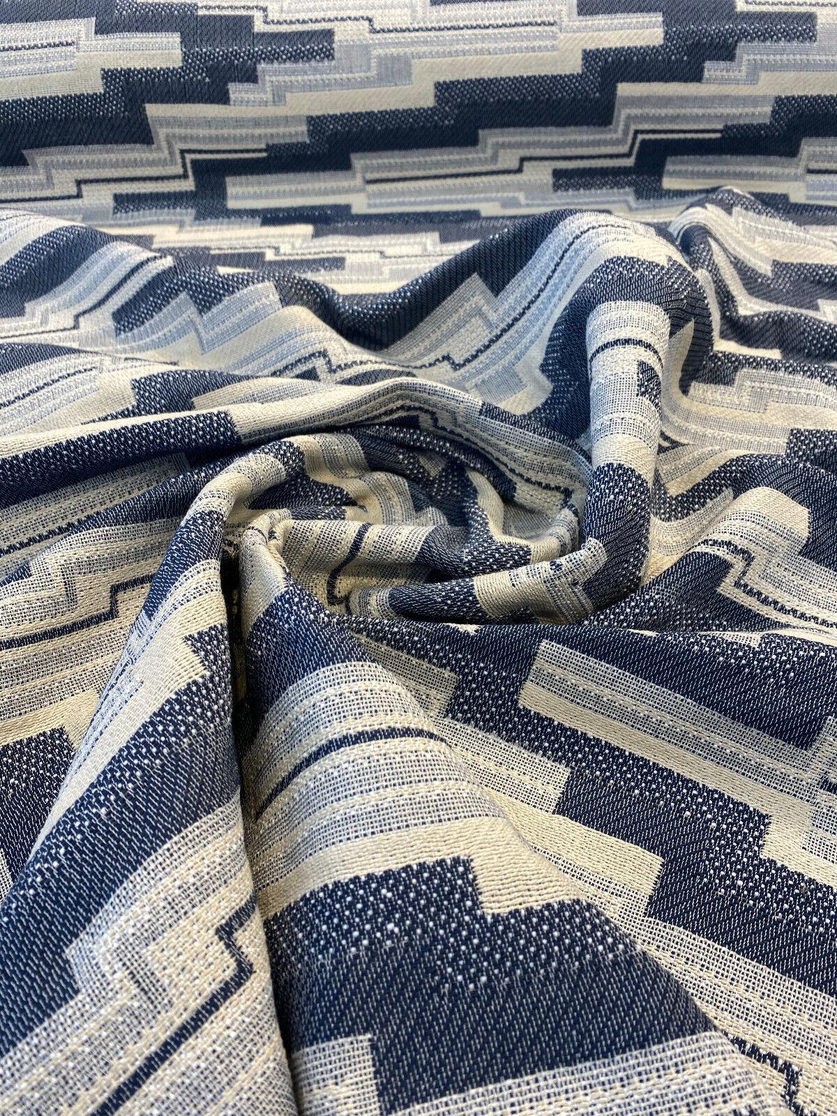 Underline Blue Ink Woven Upholstery Fabric - Blue, Ivory And White Texture, 56" Width (1 Yard)