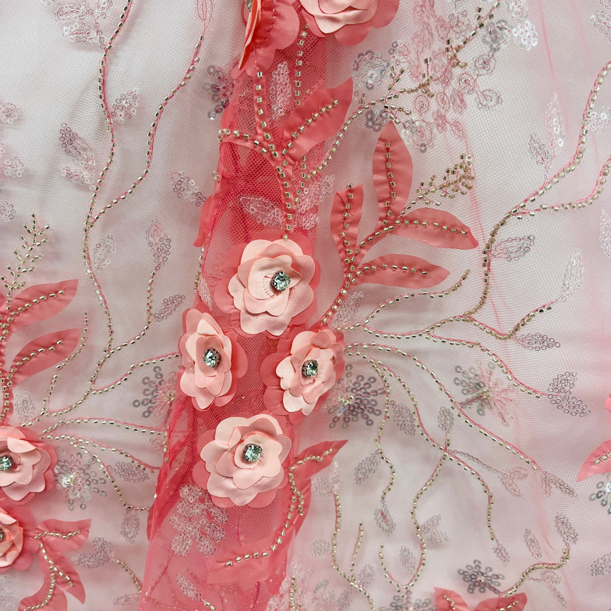 1 Yard Beaded 3D Floral Lace Fabric on 100% Polyester Net Mesh, Elegant Embroidered Textile