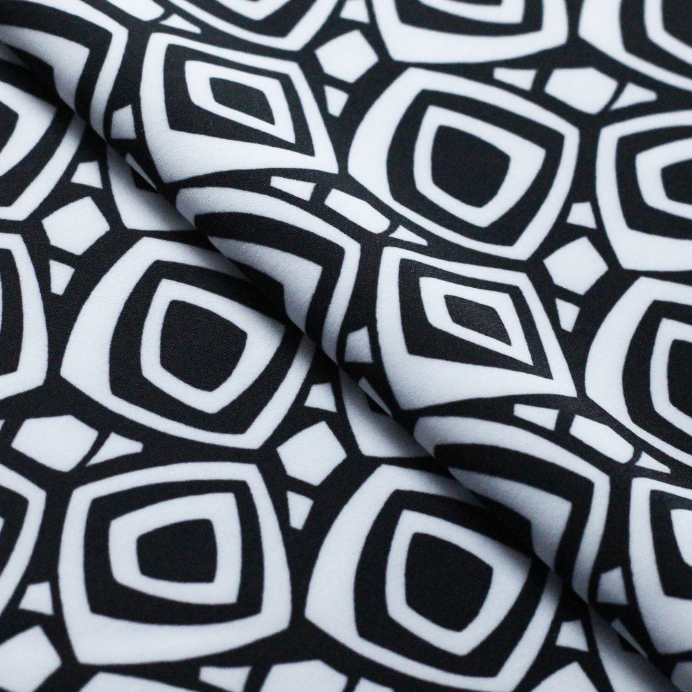 60's Geo Printed Poly Spandex Fabric - Black and White Geometric Squares, 58-60" Width (1 Yard)