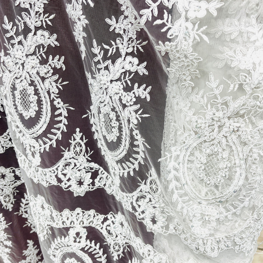 1 Yard Beaded & Corded Lace Fabric Embroidered on 100% Polyester Net Mesh Ivory with Silver