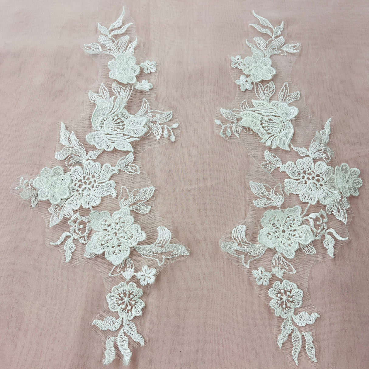 1 Pair 3D Floral Lace Applique Embroidered on 100% Polyester Net Mesh 12" x 4" Each Side