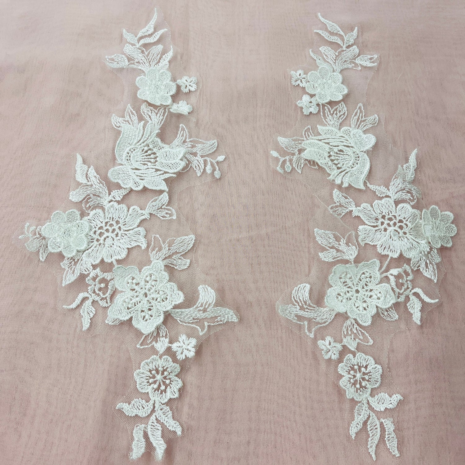 1 Pair 3D Floral Lace Applique Embroidered on 100% Polyester Net Mesh 12" x 4" Each Side