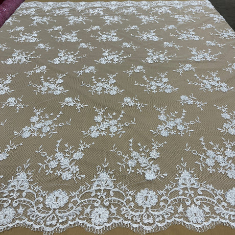 1 Yard Premium Hand Beaded Lace Fabric Embroidered on 100% Polyester Net Mesh White