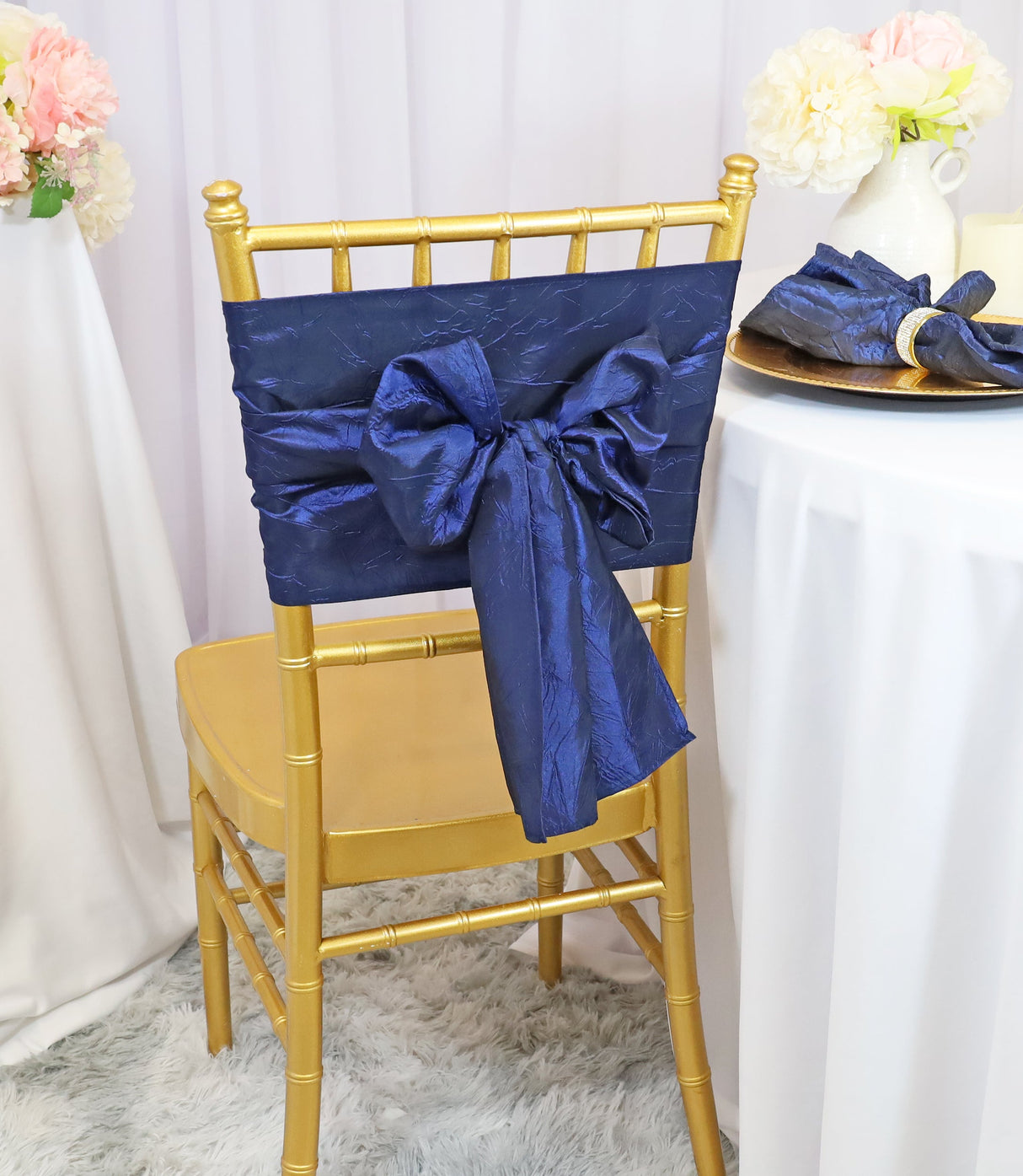 Crushed Taffeta Chair Sashes Navy Blue 9.5x108