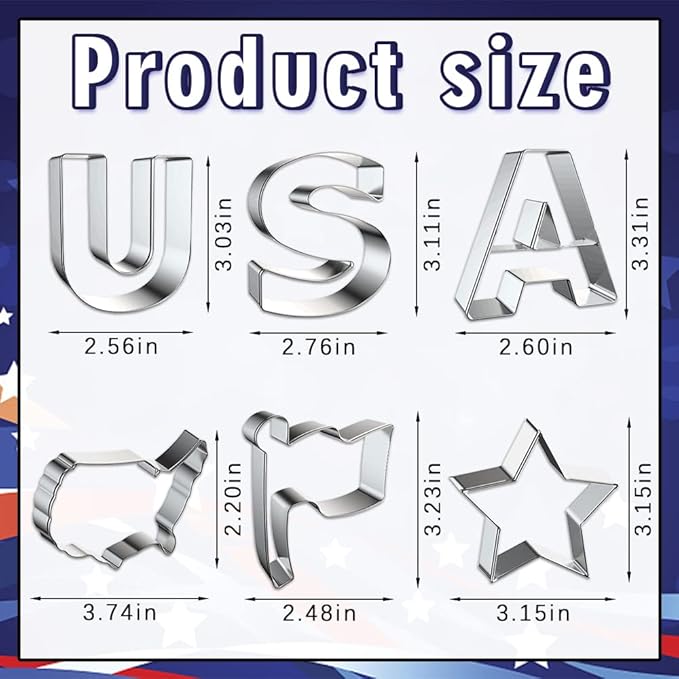 6 PCS Patriotic Metal Cookie Cutters, Labor Day USA Words American Flag Map Cutter Mold for Kitchen Baking Patriotic Party Stainless Steel Biscuits Cutters for Veterans Day Home Baking Gifts