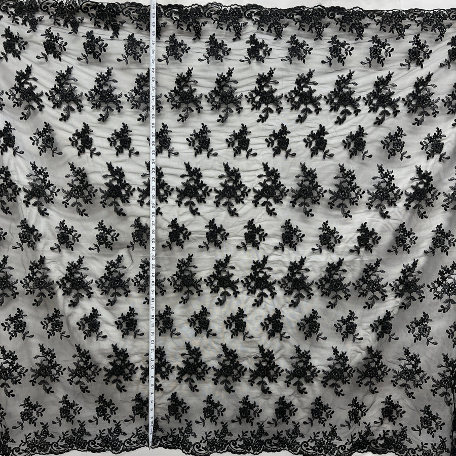 1 Yard - Corded Bridal Lace Fabric Embroidered on 100% Polyester Net Mesh - 53" Wide