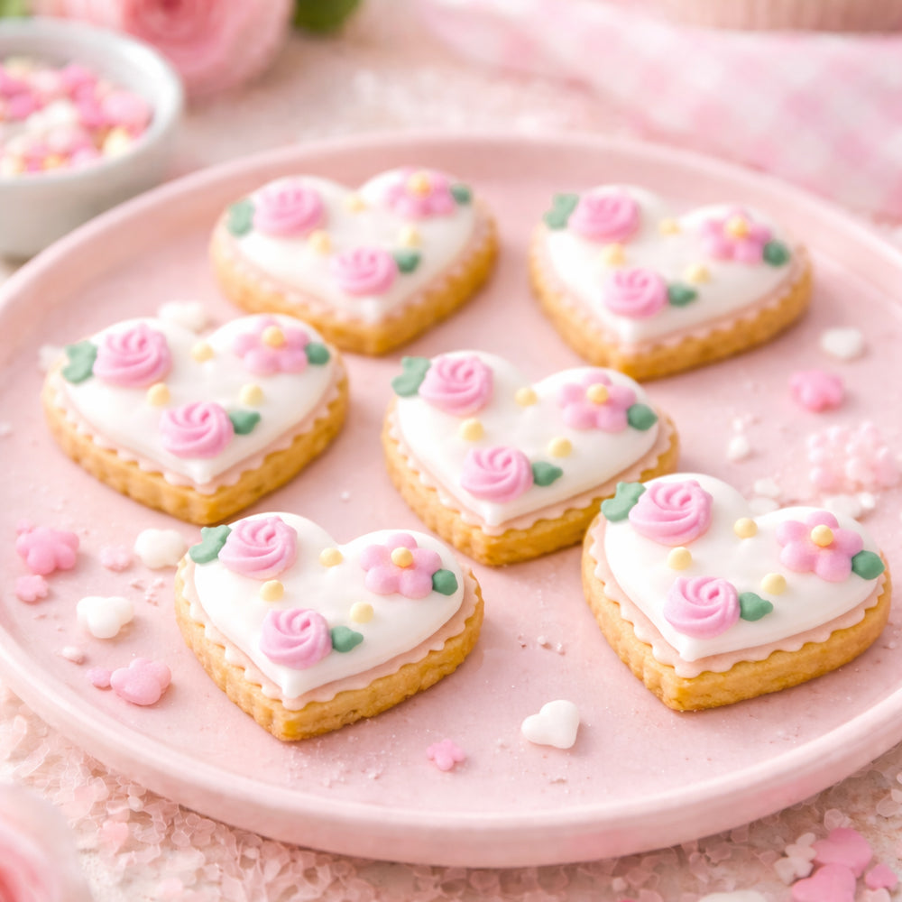 O'Creme White Heart with Pink Flowers Royal Icing Decoration, Set of 12