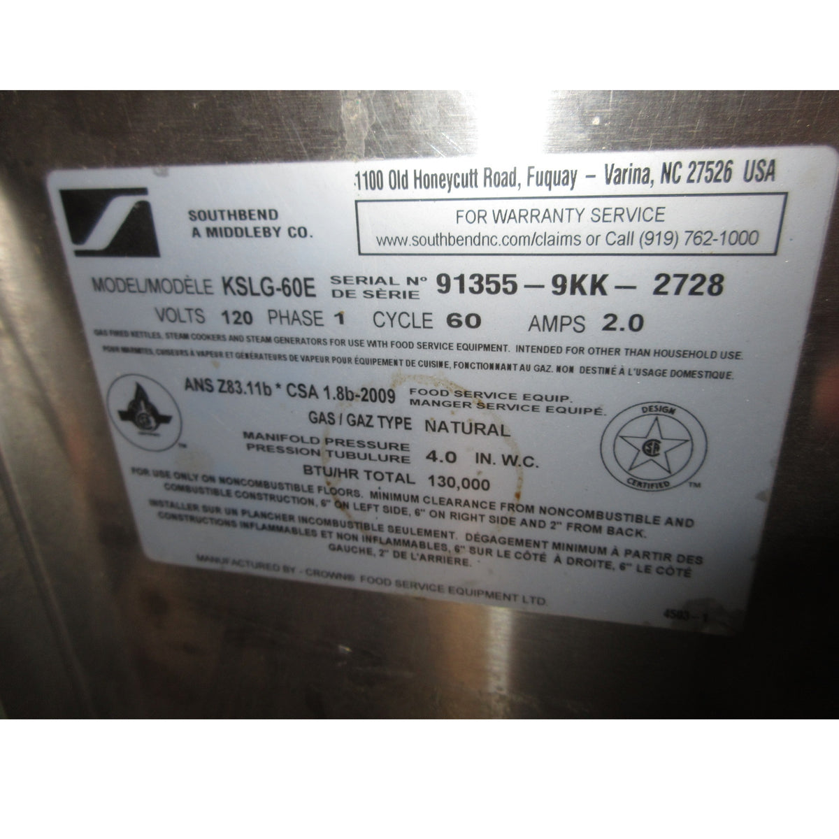 Southbend KSLG-60 Steam Jacketed Gas 60 Gallon Kettle, Used Excellent Condition