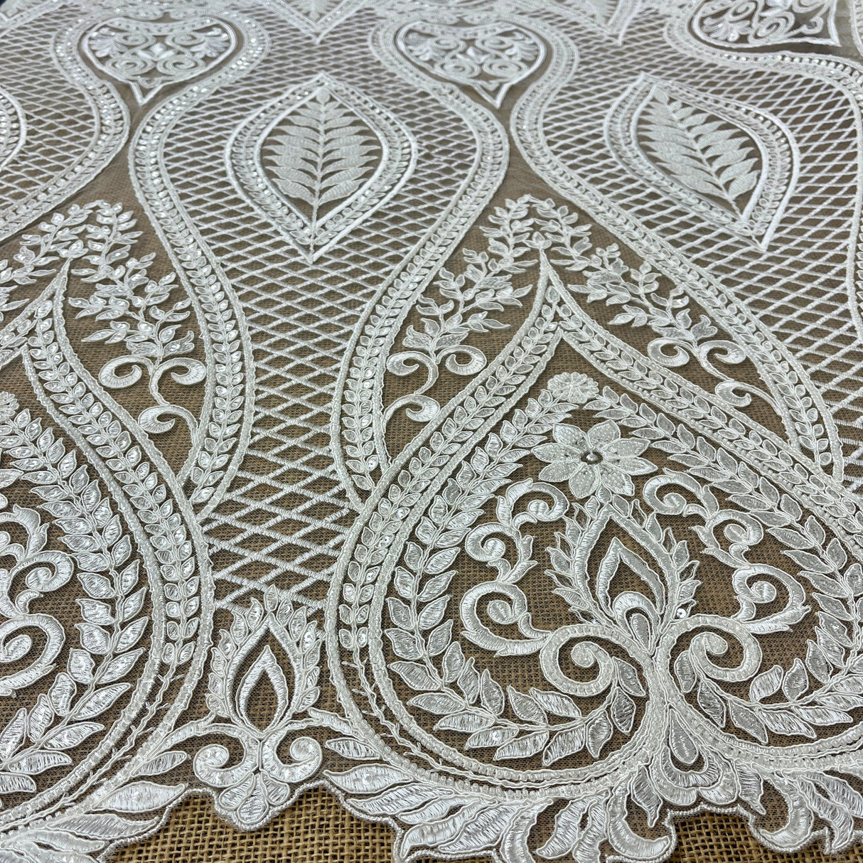 1 Yard Luxurious Beaded & Corded Bridal Lace Fabric Embroidered on Polyester Net Mesh 52” Wide