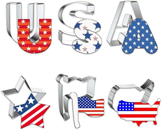 6 PCS Patriotic Metal Cookie Cutters, Labor Day USA Words American Flag Map Cutter Mold for Kitchen Baking Patriotic Party Stainless Steel Biscuits Cutters for Veterans Day Home Baking Gifts