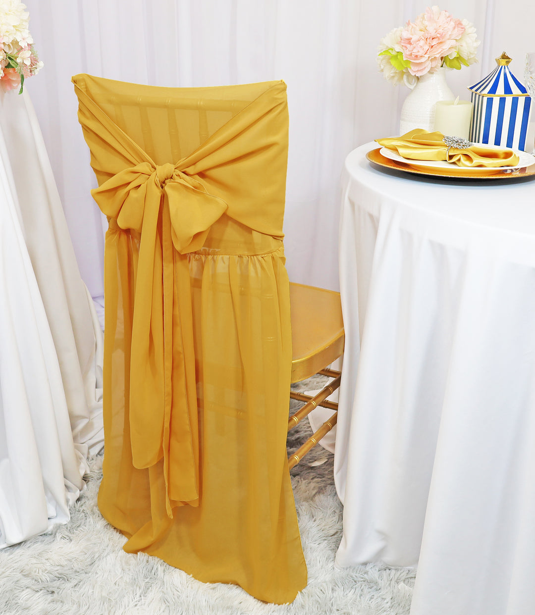 Gold Chiffon Chiavari Chair Back Cover with Sash