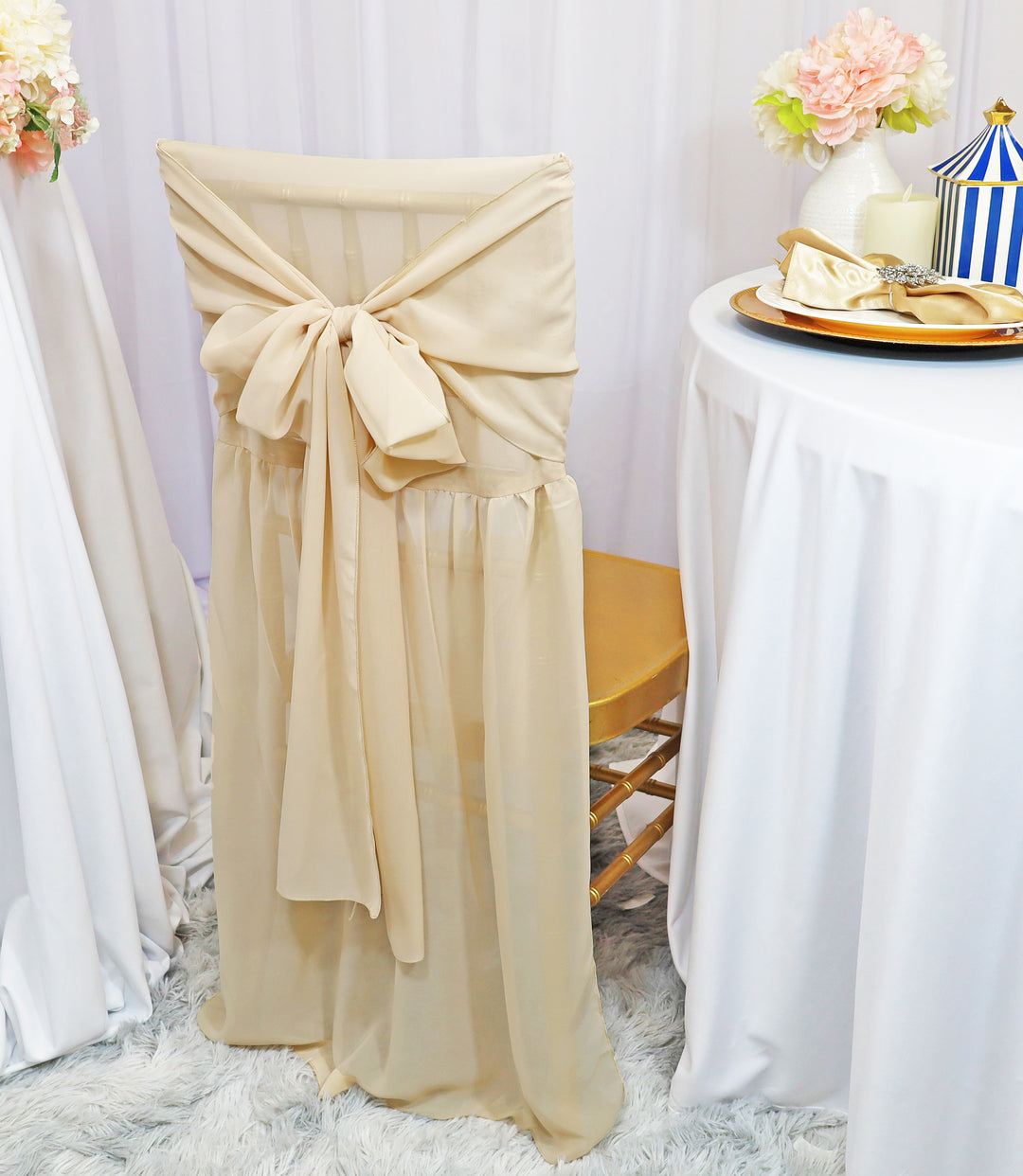 Champagne Chiffon Chiavari Chair Back Cover with Sash