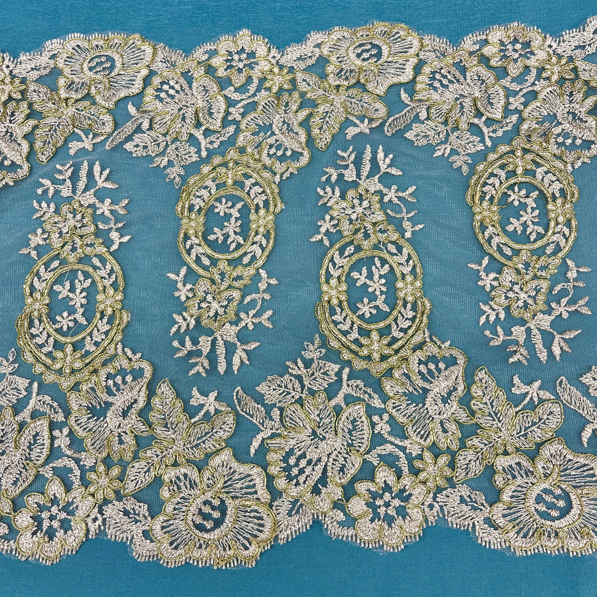 Embroidered Corded Lace Trim Gold Silver