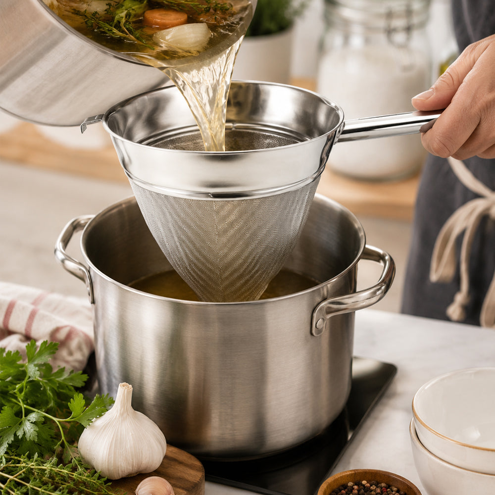 Winco Stainless Steel Bouillon Strainer with Extra Fine Mesh, 10"