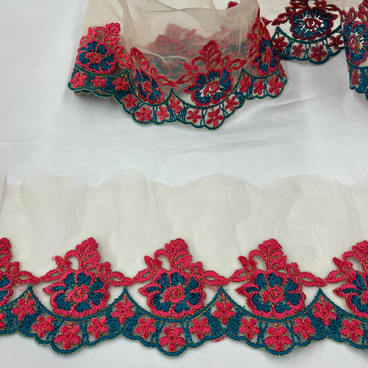 1 Yard Colorful Floral Embroidered Lace Trim on Sheer Mesh Fabric, 100% Polyester