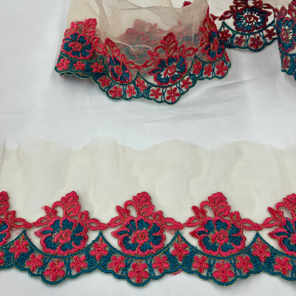 1 Yard Colorful Floral Lace Trimming on Net Mesh | 2.75" Wide | Handmade Embroidered Trim for Dresses & Costumes