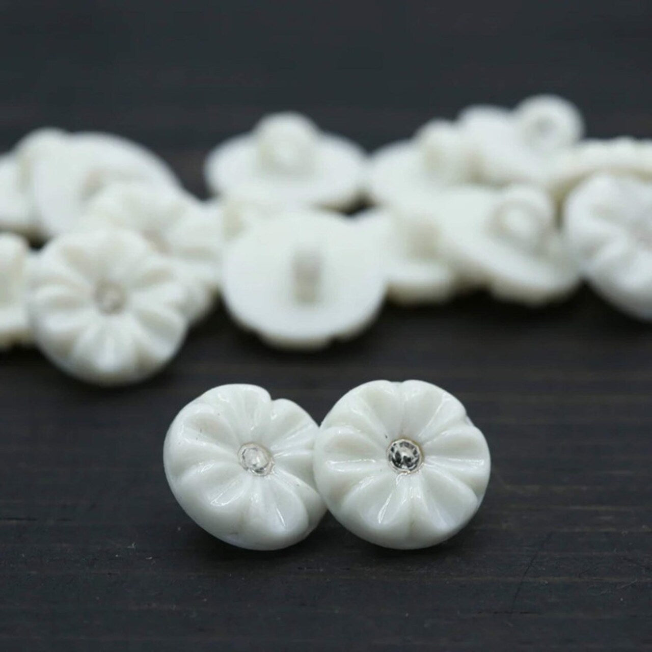 12 Pc White Flower Rhinestone Shank Buttons for Crafts and Sewing