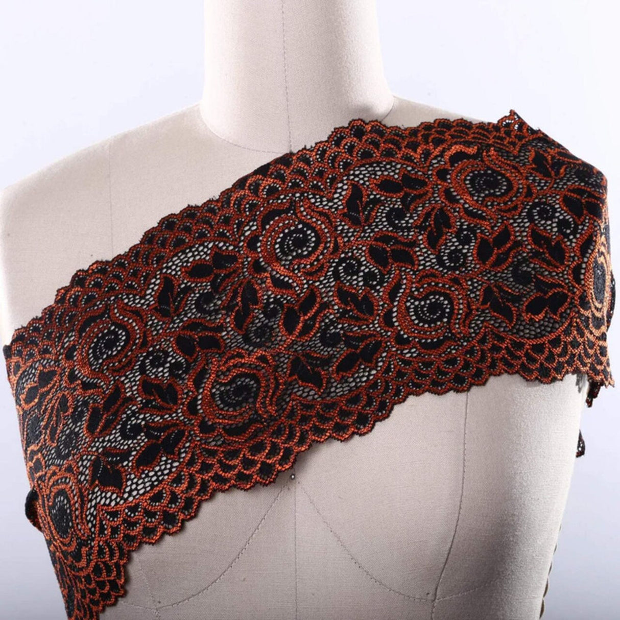 Orange and Black Rose Stretch Lace Trim 6" Wide Floral Elastic for Lingerie, Costumes & Crafts