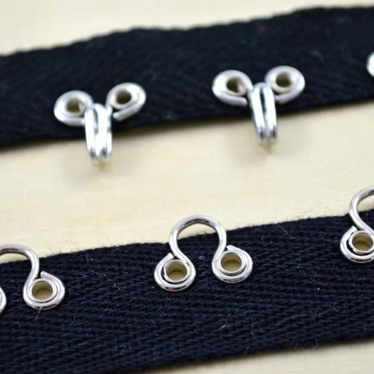 Black and silver Heavy Duty Hook and Eye Tape 7/8" Cotton Twill Trim with Metal Closures