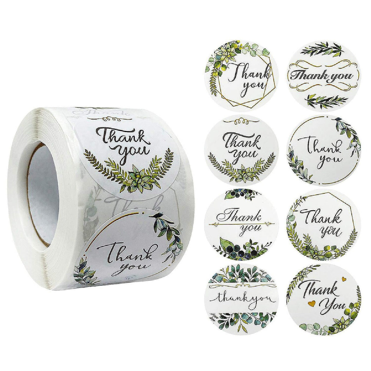 Wrapables Thank You Stickers Roll 1.5" Sealing Stickers & Labels 500 Pc Greenery Design