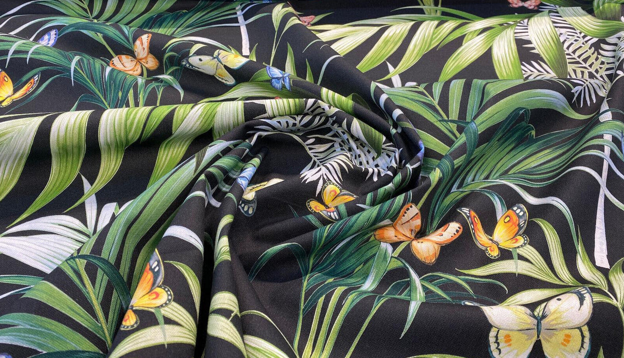 Palms Butterflies Cotton Fabric - Black Digital Print, 54" Width, 36.5" Horizontal Repeat, 24.5" Vertical Repeat (1 Yard)