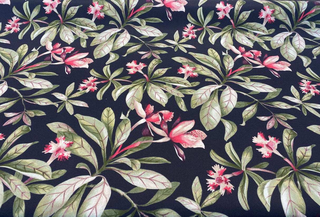 Orchid Valley Floral Ebony Noir Outdoor Spun Polyester Fabric - Green Branches, Red Pink Flowers, Black Background, 54" Width (1 Yard)