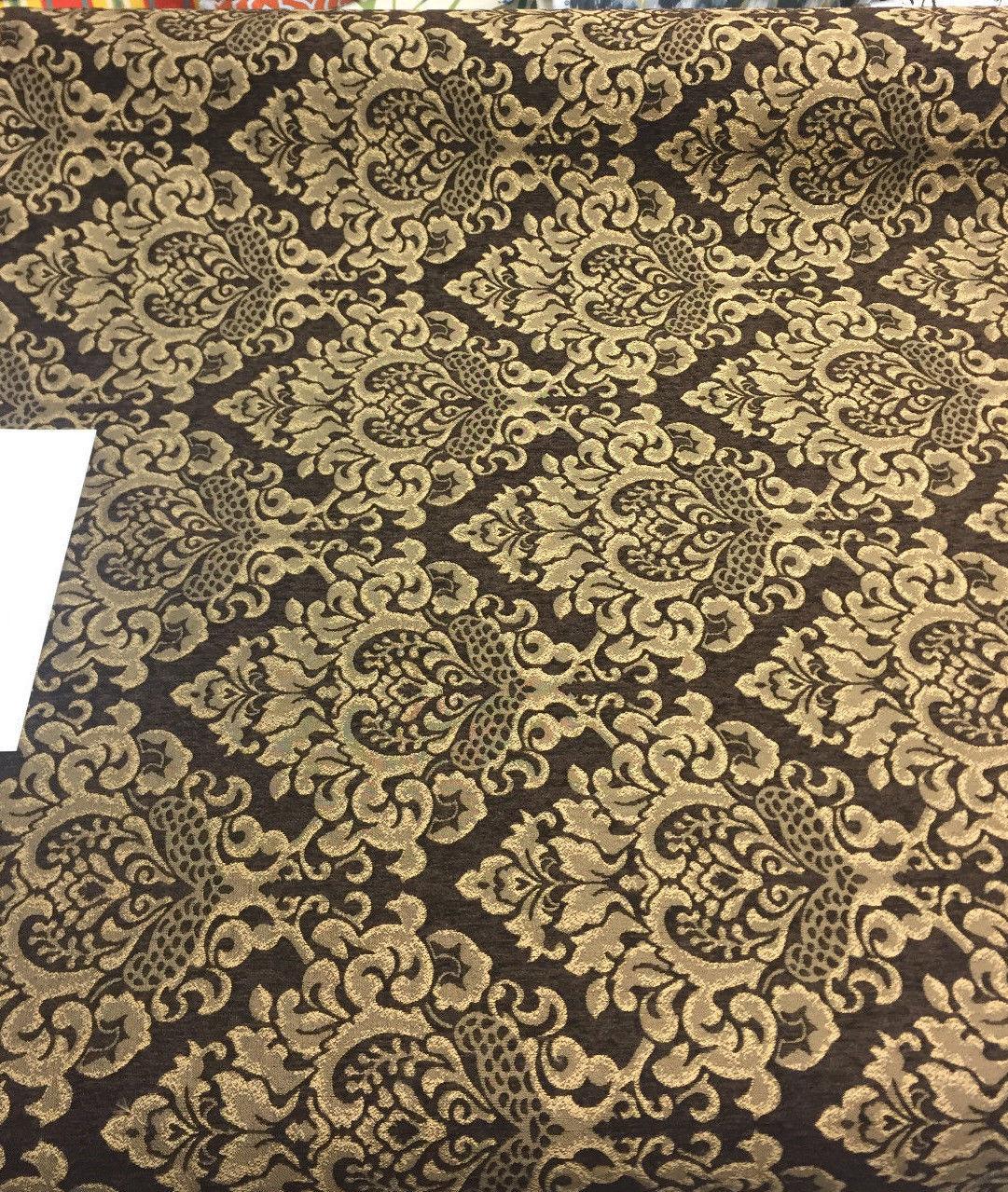 Cleopatra Chenille Upholstery Damask Fabric - Dark Brown/Gold, 56" Width, 10" Vertical Repeat, 15" Horizontal Repeat (1 Yard)