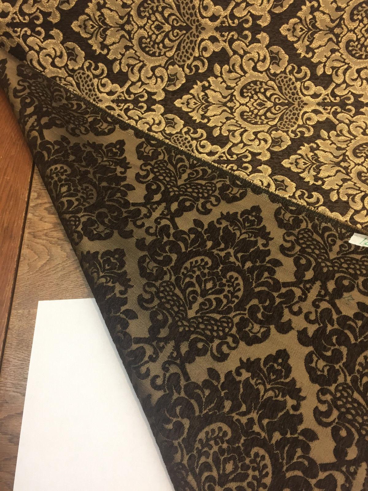 Cleopatra Chenille Upholstery Damask Fabric - Dark Brown/Gold, 56" Width, 10" Vertical Repeat, 15" Horizontal Repeat (1 Yard)