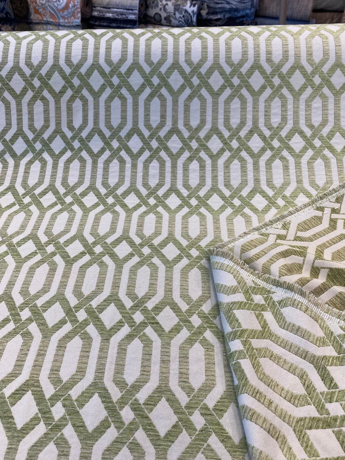 Naxos Chenille Fabric - Green Ivory Geometric, 59" Width (By The Yard)