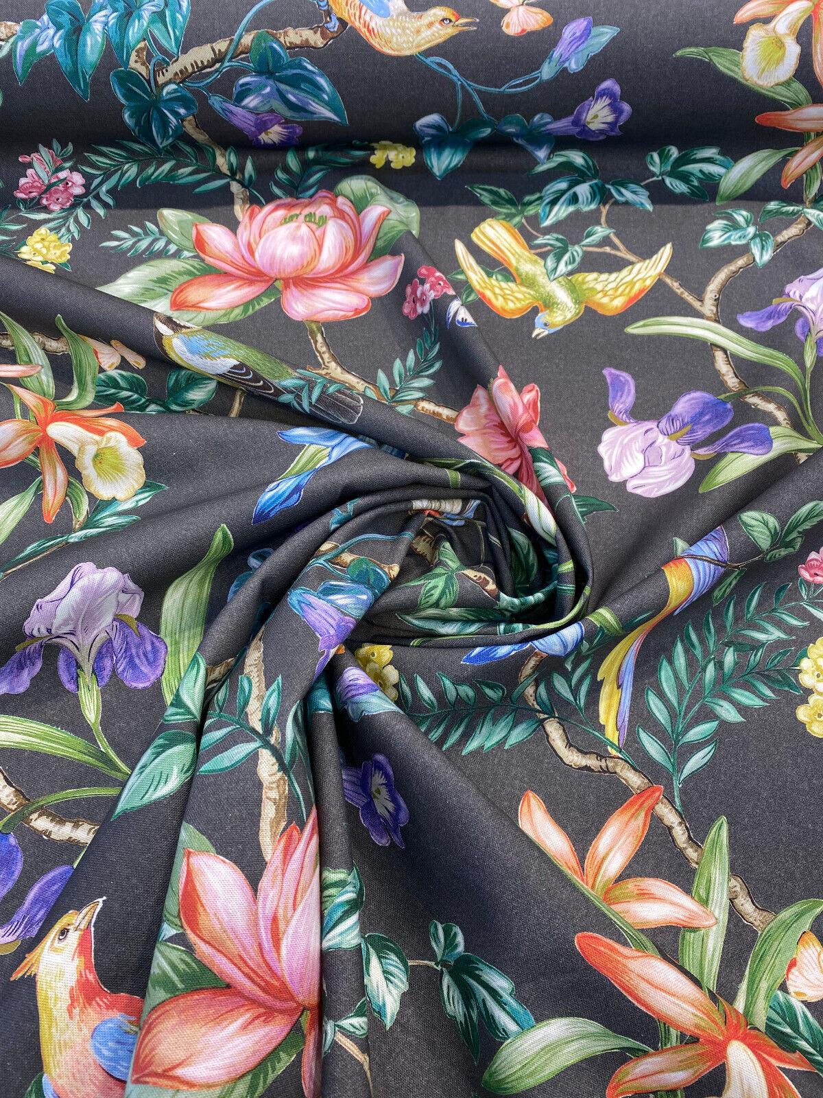 Tabita Noir Cotton Fabric - Birds, Butterflies, Green Palm Branches On Noir Black Background, 54" Width, 27" Vertical Repeat (1 Yard)