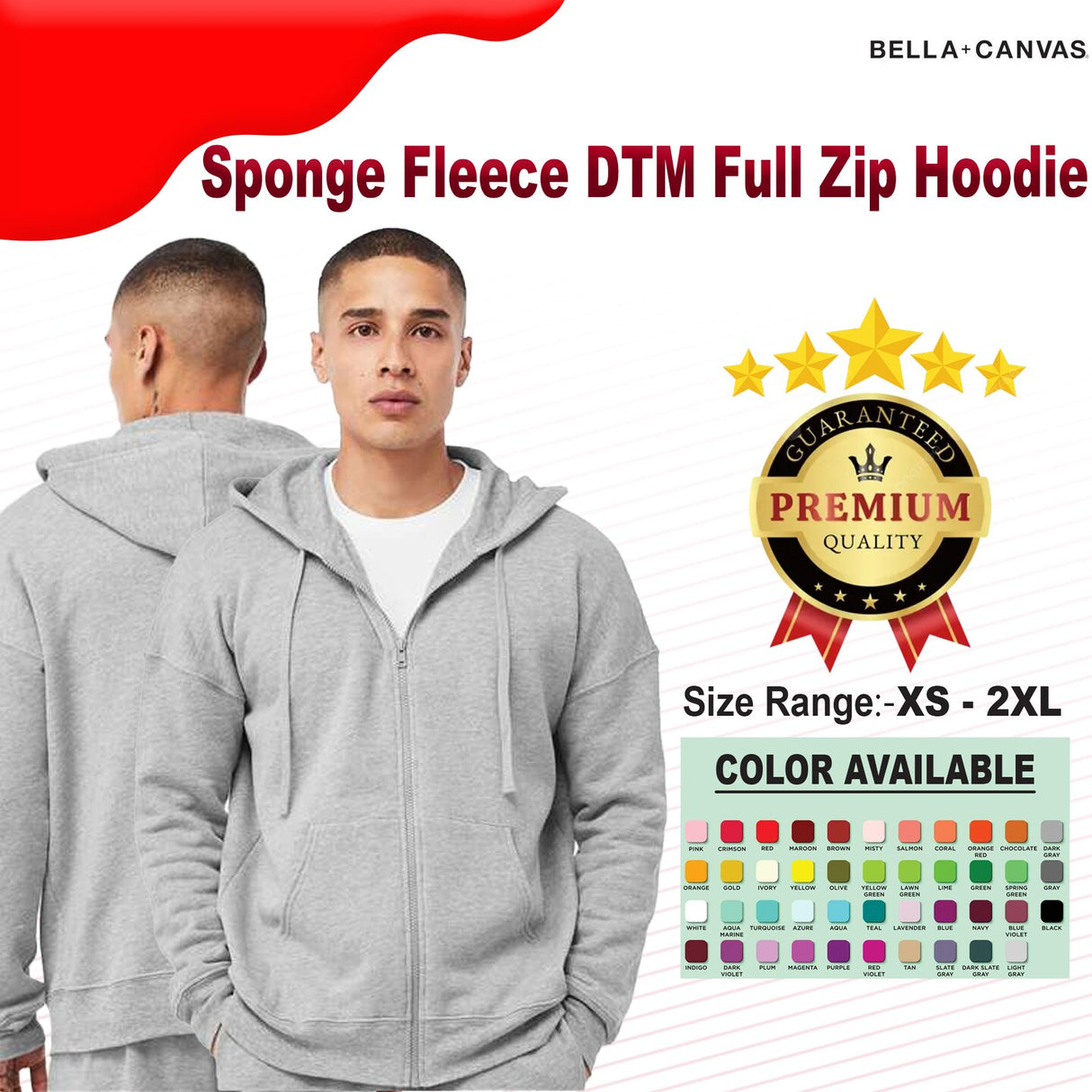 BELLA + CANVAS® Sponge Fleece DTM Full Zip Hoodie