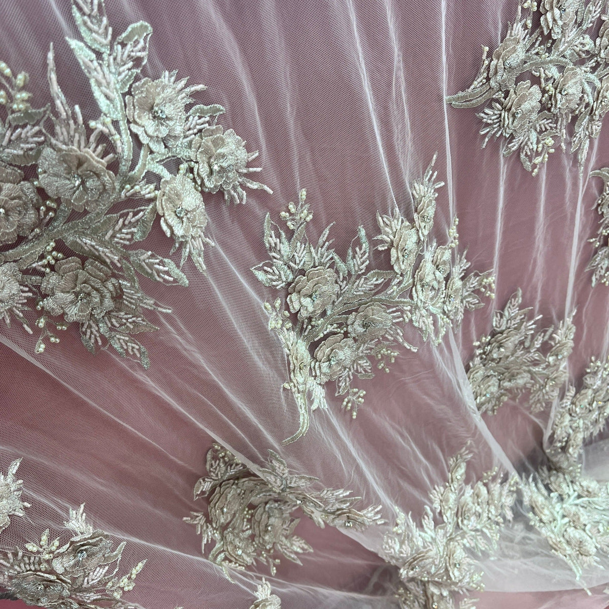 1 Yard Beaded 3D Floral Lace Fabric Embroidered on 100% Polyester Net Mesh 54" Wide