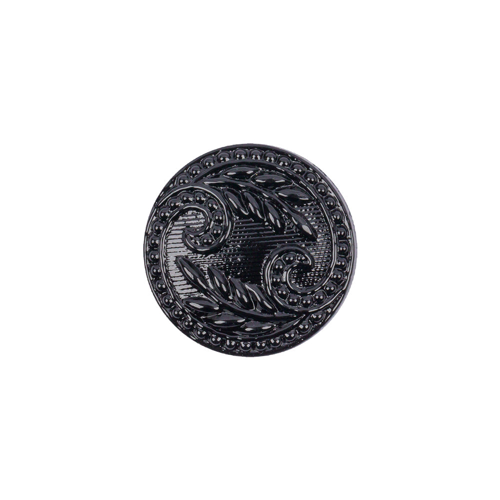 Black Floral Leaf Glass Shank Back Button - 28L/18mm
