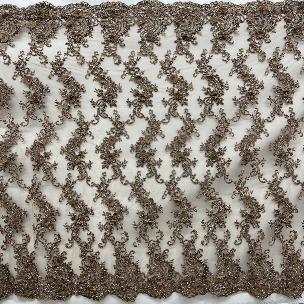 Beaded Floral Lace Fabric 3D Embroidered Net Mesh 52" Wide
