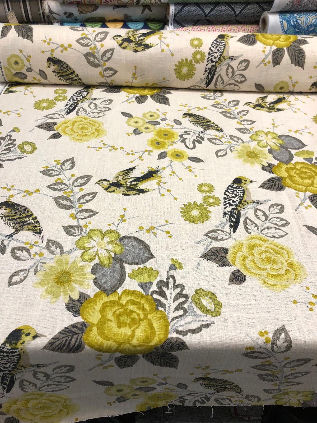Richloom Bountiful Dandelion Cotton Fabric - Grey Yellow Green Floral Bird, 54" Width (1 Yard)