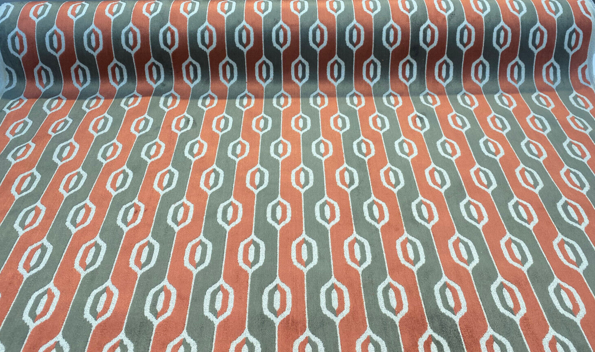 Paxton Bittersweet Belgian Velvet Fabric - Brick Rust, Taupe, Dark Taupe Ogee Stripe, 54" Width (By The Yard)
