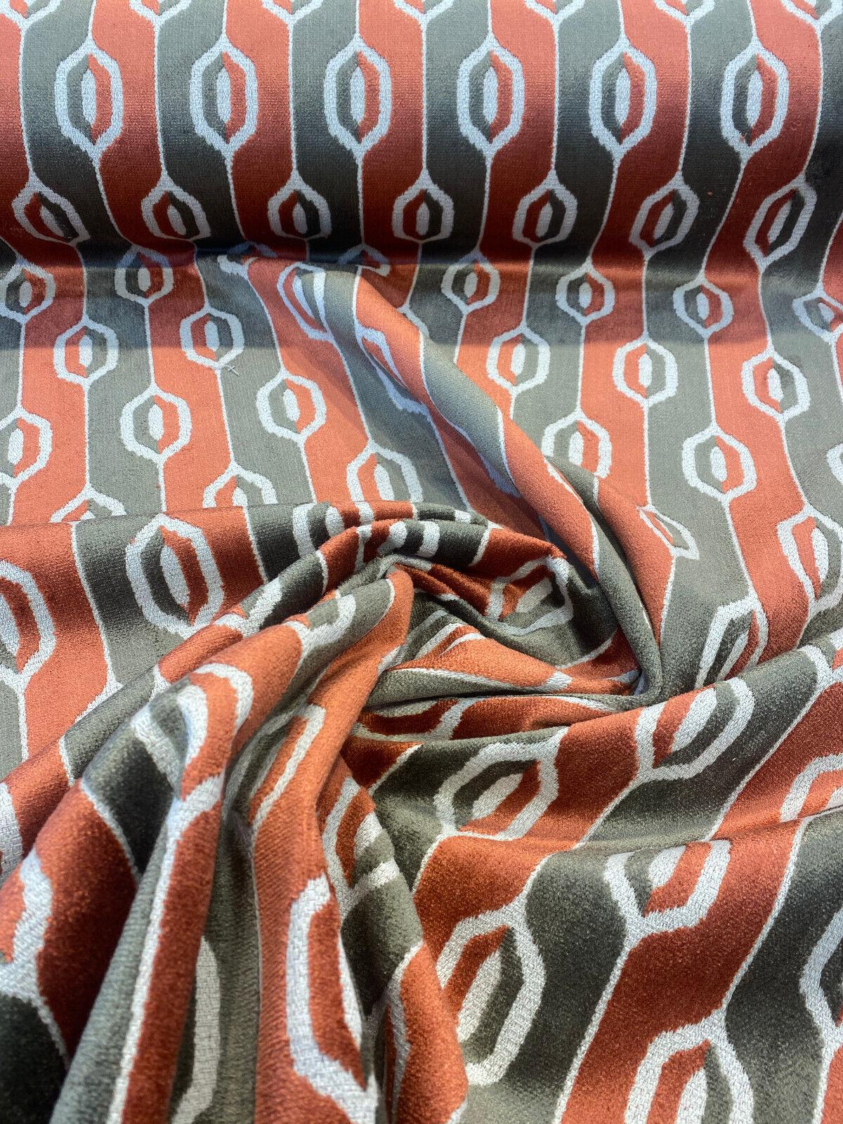 Paxton Bittersweet Belgian Velvet Fabric - Brick Rust, Taupe, Dark Taupe Ogee Stripe, 54" Width (By The Yard)