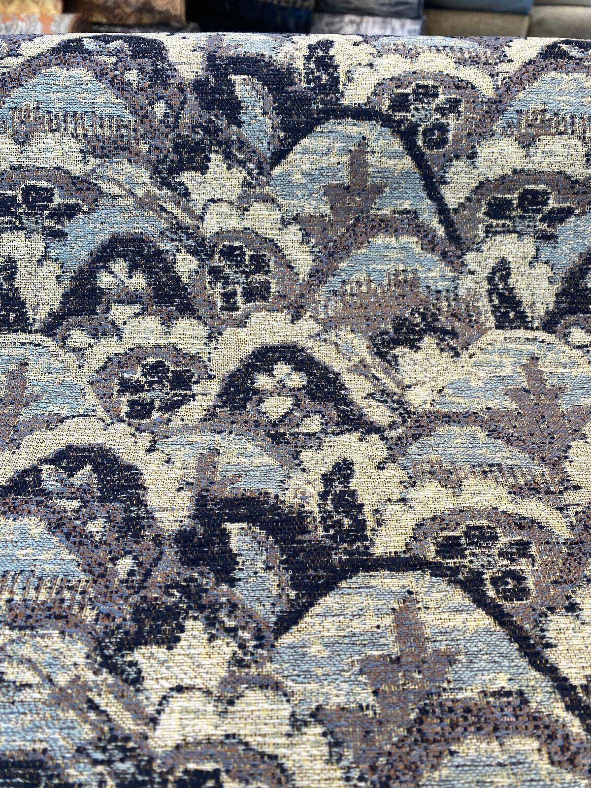 Stark Landscape Blue Chenille Tapestry Fabric - Navy Blue, Light Blue, Beige, 54" Width (By The Yard)