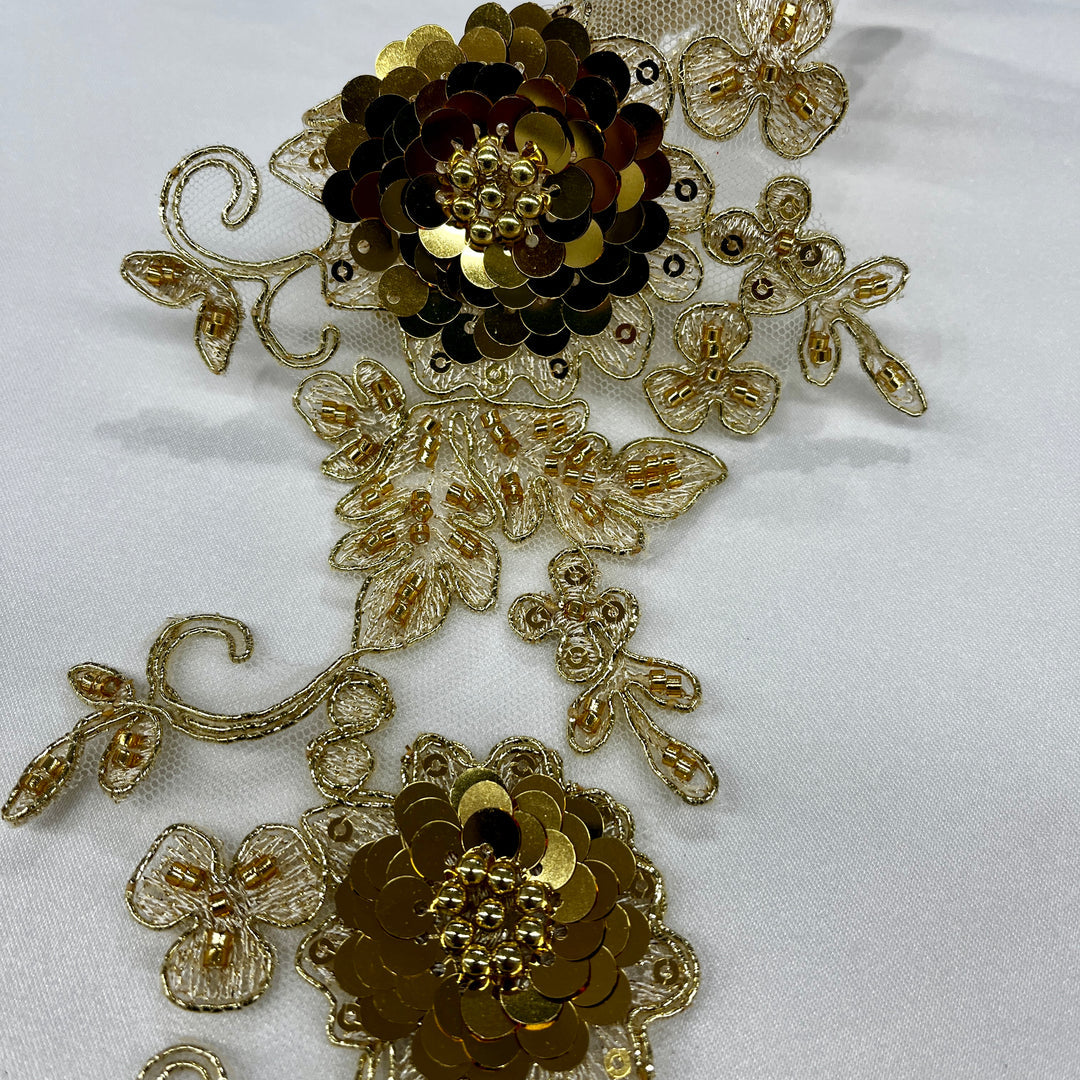 1 Pair Beaded & Corded Floral 3D Lace Applique 100% Polyester Net Mesh 9" x 4" Each Side