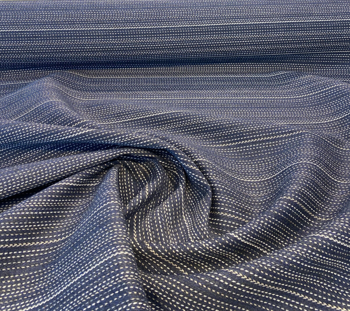 Sunbrella Achiever Solution Dyed Acrylic Fabric - Navy Blue With White And Light Beige Stripes, 54" Width (1 Yard)