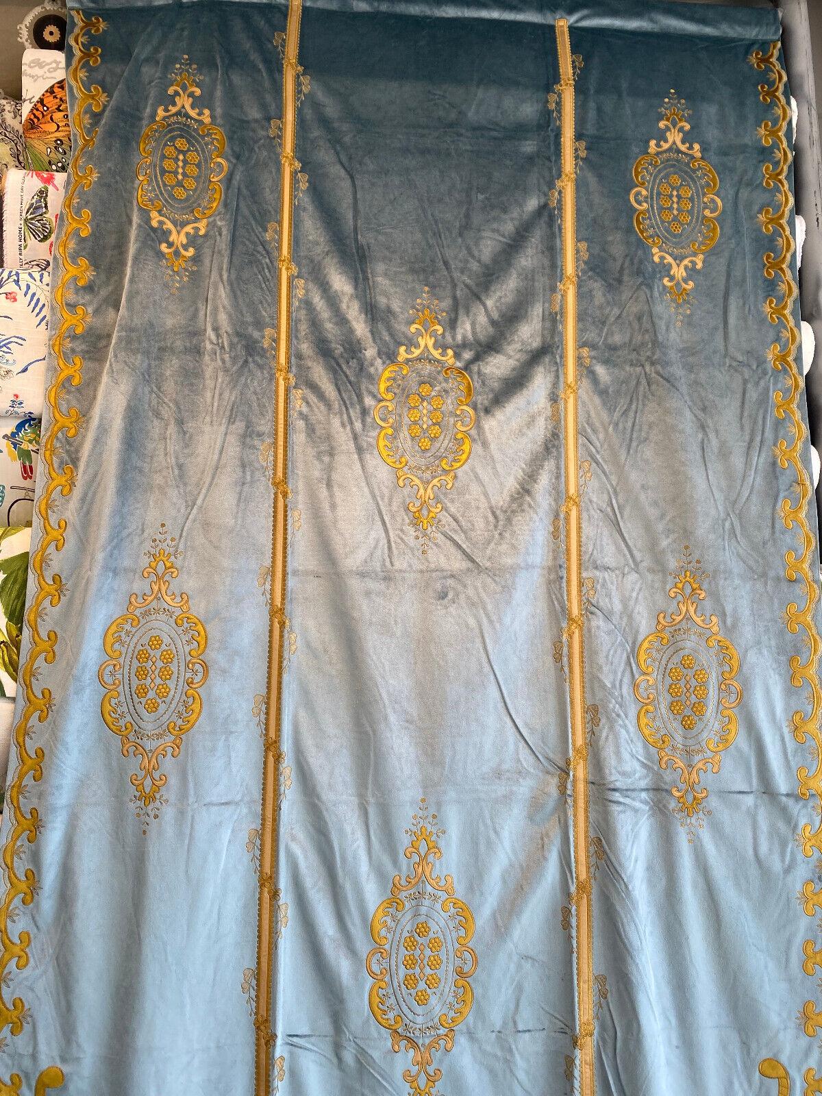 Italian Light Blue Embroidered Velvet Fabric - Light Blue, Gold Embroidery, 52" To 54" Width, 113" To 116" Length (1 Panel)